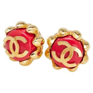 Chanel Vintage Coco Mark Gold Red Plated